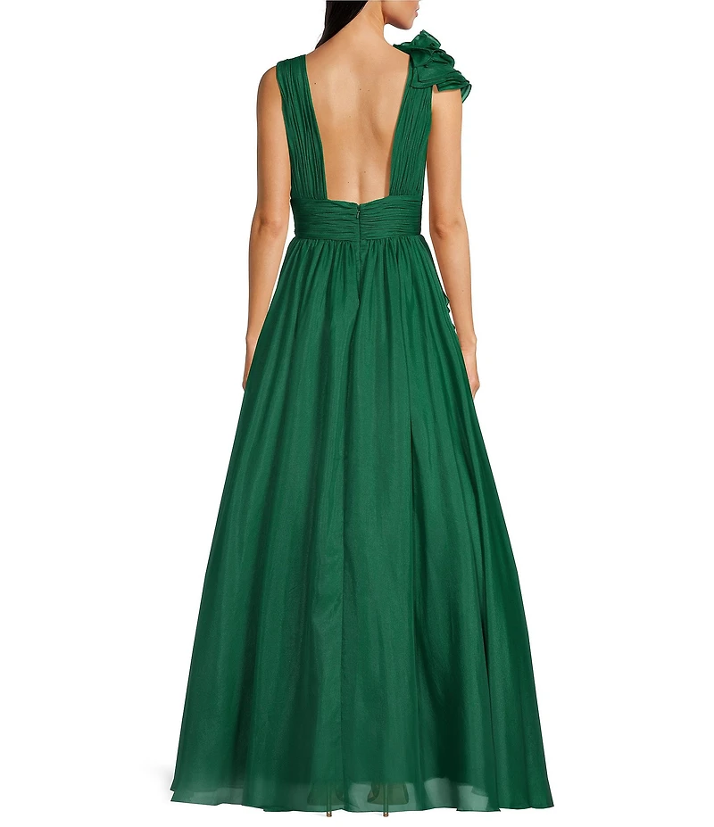 Mac Duggal Deep V-Neck Sleeveless Ruffled Shoulder Ball Gown