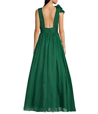Mac Duggal Deep V-Neck Sleeveless Ruffled Shoulder Ball Gown