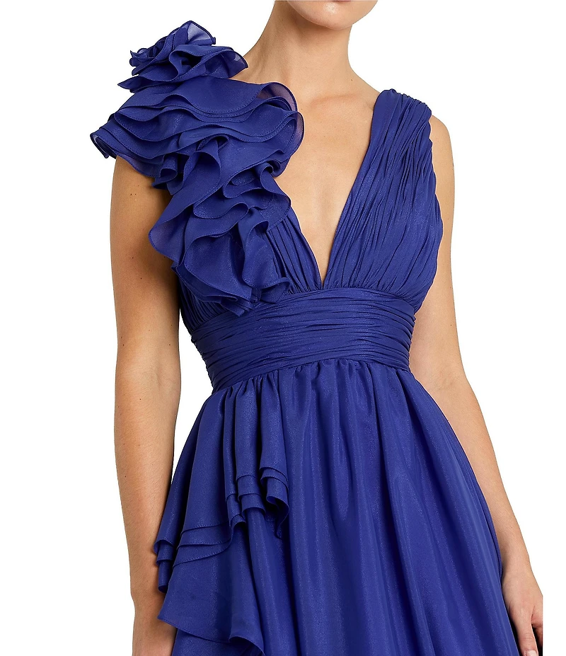 Mac Duggal Deep V-Neck Sleeveless Ruffled Shoulder Ball Gown