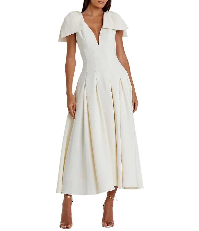 Mac Duggal Double V-Neck Bow Shoulder Crepe Pleated A-Line Tea Length Dress