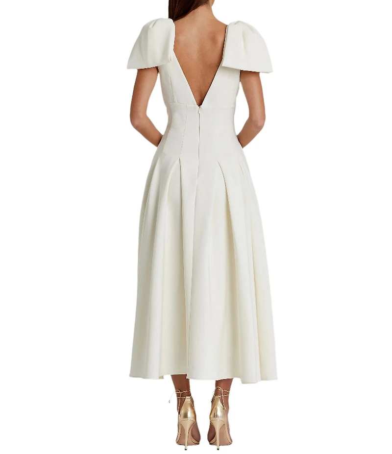 Mac Duggal Double V-Neck Bow Shoulder Crepe Pleated A-Line Tea Length Dress
