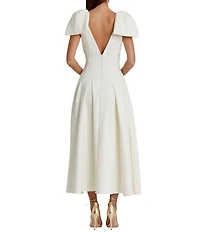 Mac Duggal Double V-Neck Bow Shoulder Crepe Pleated A-Line Tea Length Dress