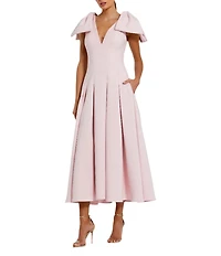 Mac Duggal Double V-Neck Bow Shoulder Crepe Pleated A-Line Tea Length Dress