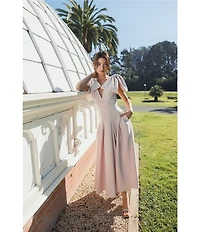 Mac Duggal Double V-Neck Bow Shoulder Crepe Pleated A-Line Tea Length Dress