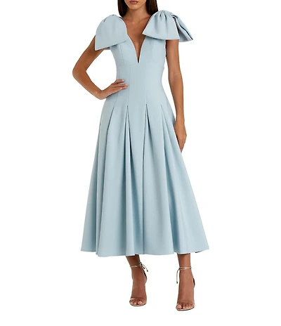 Mac Duggal Double V-Neck Bow Shoulder Crepe Pleated A-Line Tea Length Dress