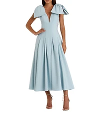 Mac Duggal Double V-Neck Bow Shoulder Crepe Pleated A-Line Tea Length Dress