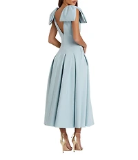 Mac Duggal Double V-Neck Bow Shoulder Crepe Pleated A-Line Tea Length Dress