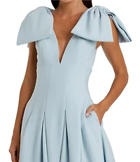 Mac Duggal Double V-Neck Bow Shoulder Crepe Pleated A-Line Tea Length Dress