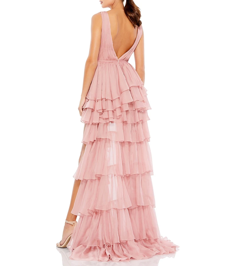 Mac Duggal Double V Neck Built in Bodysuit Hi Low Tiered Gown