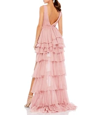 Mac Duggal Double V Neck Built in Bodysuit Hi Low Tiered Gown