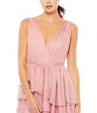 Mac Duggal Double V Neck Built in Bodysuit Hi Low Tiered Gown