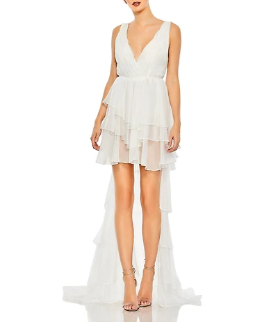 Mac Duggal Double V Neck Built in Bodysuit Hi Low Tiered Gown