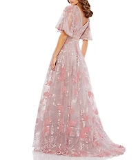 Mac Duggal Double V-Neck Short Flutter Sleeve Embroidered Mesh A-Line Gown