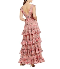 Mac Duggal Double V-Neck Sleeveless Floral Chiffon Tiered Ruffle A-Line Gown