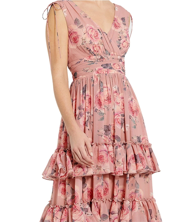 Mac Duggal Double V-Neck Sleeveless Floral Chiffon Tiered Ruffle A-Line Gown