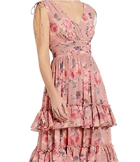 Mac Duggal Double V-Neck Sleeveless Floral Chiffon Tiered Ruffle A-Line Gown