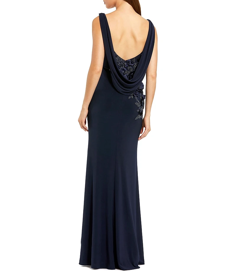 Mac Duggal Drape Neckk 3D Floral Applique Jersey Column Gown