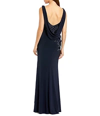 Mac Duggal Drape Neckk 3D Floral Applique Jersey Column Gown