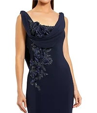 Mac Duggal Drape Neckk 3D Floral Applique Jersey Column Gown
