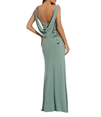 Mac Duggal Drape Neckk 3D Floral Applique Jersey Column Gown
