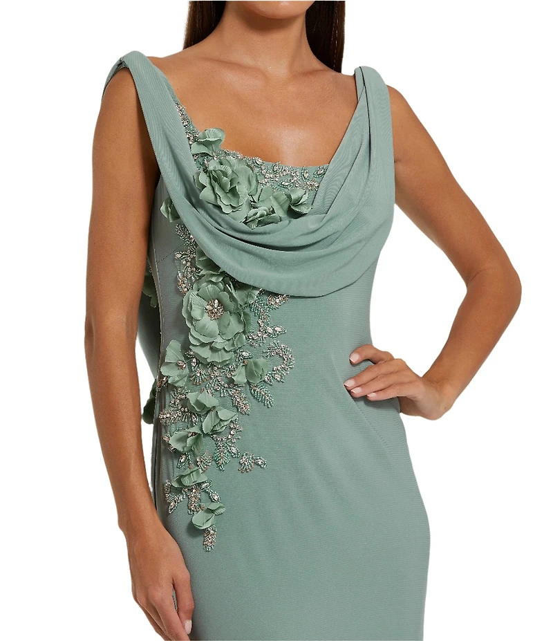 Mac Duggal Drape Neckk 3D Floral Applique Jersey Column Gown