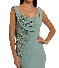 Mac Duggal Drape Neckk 3D Floral Applique Jersey Column Gown