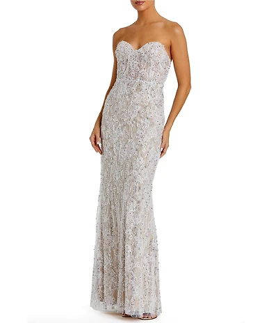 Mac Duggal Embellished Applique Strapless Bustier Long Gown