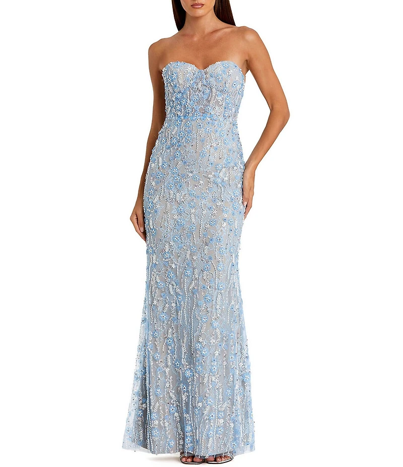 Mac Duggal Embellished Applique Strapless Bustier Long Gown