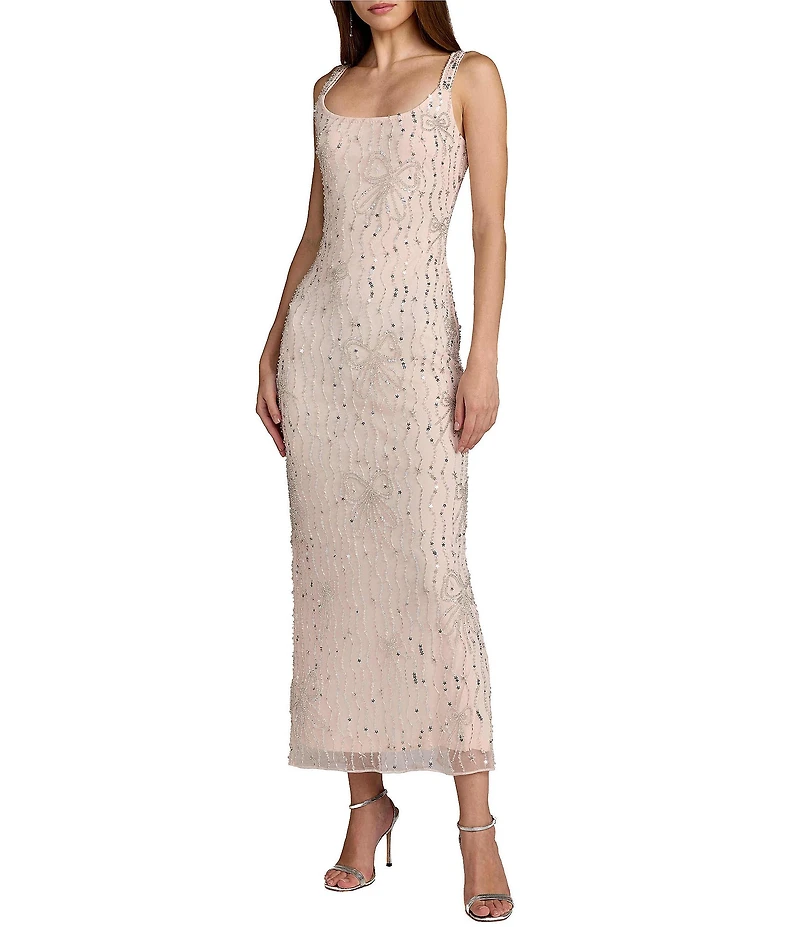Mac Duggal Embellished Beaded Bow Mesh Scoop Neck Sleeveless Sheath Dress
