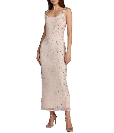 Mac Duggal Embellished Beaded Bow Mesh Scoop Neck Sleeveless Sheath Dress