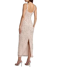 Mac Duggal Embellished Beaded Bow Mesh Scoop Neck Sleeveless Sheath Dress
