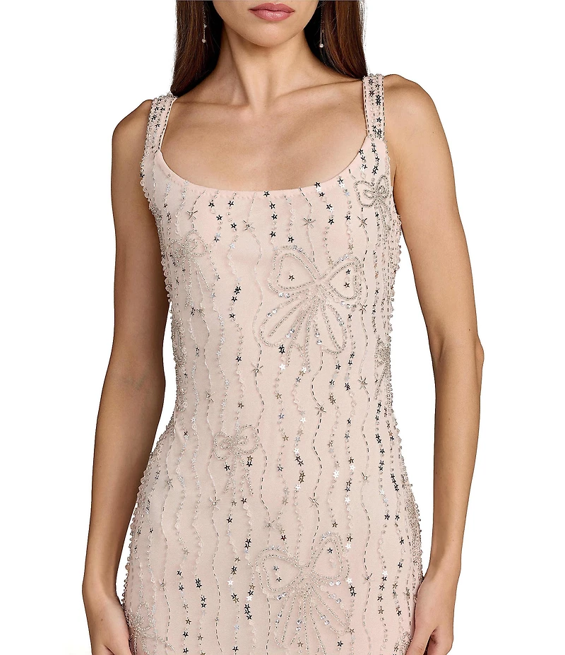 Mac Duggal Embellished Beaded Bow Mesh Scoop Neck Sleeveless Sheath Dress