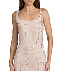 Mac Duggal Embellished Beaded Bow Mesh Scoop Neck Sleeveless Sheath Dress