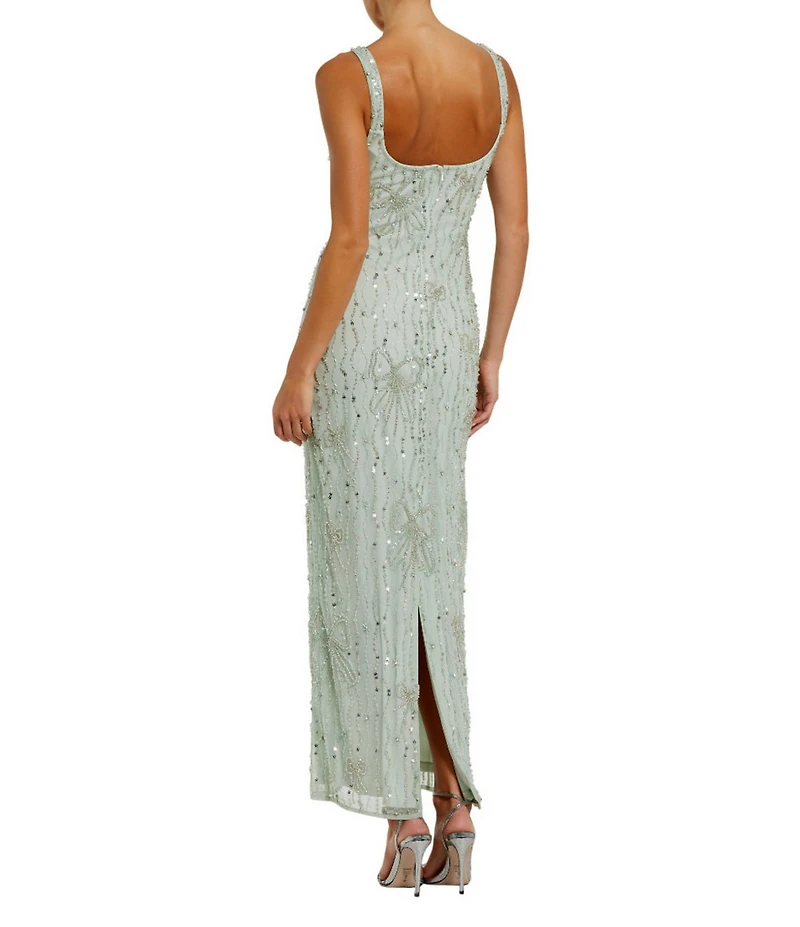 Mac Duggal Embellished Beaded Bow Mesh Scoop Neck Sleeveless Sheath Dress