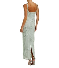 Mac Duggal Embellished Beaded Bow Mesh Scoop Neck Sleeveless Sheath Dress