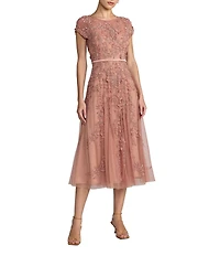 Mac Duggal Embellished Beaded Mesh Cap Sleeve A-Line Midi Dress