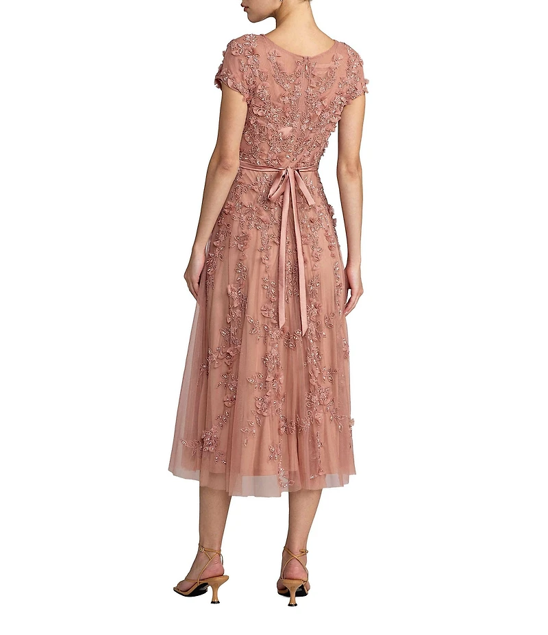 Mac Duggal Embellished Beaded Mesh Cap Sleeve A-Line Midi Dress