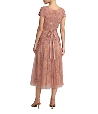 Mac Duggal Embellished Beaded Mesh Cap Sleeve A-Line Midi Dress
