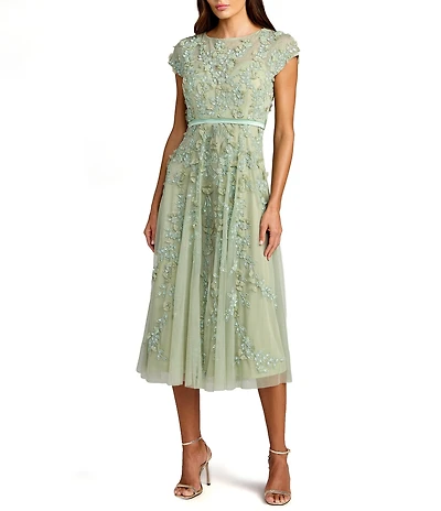 Mac Duggal Embellished Beaded Mesh Cap Sleeve A-Line Midi Dress