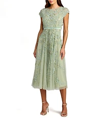 Mac Duggal Embellished Beaded Mesh Cap Sleeve A-Line Midi Dress