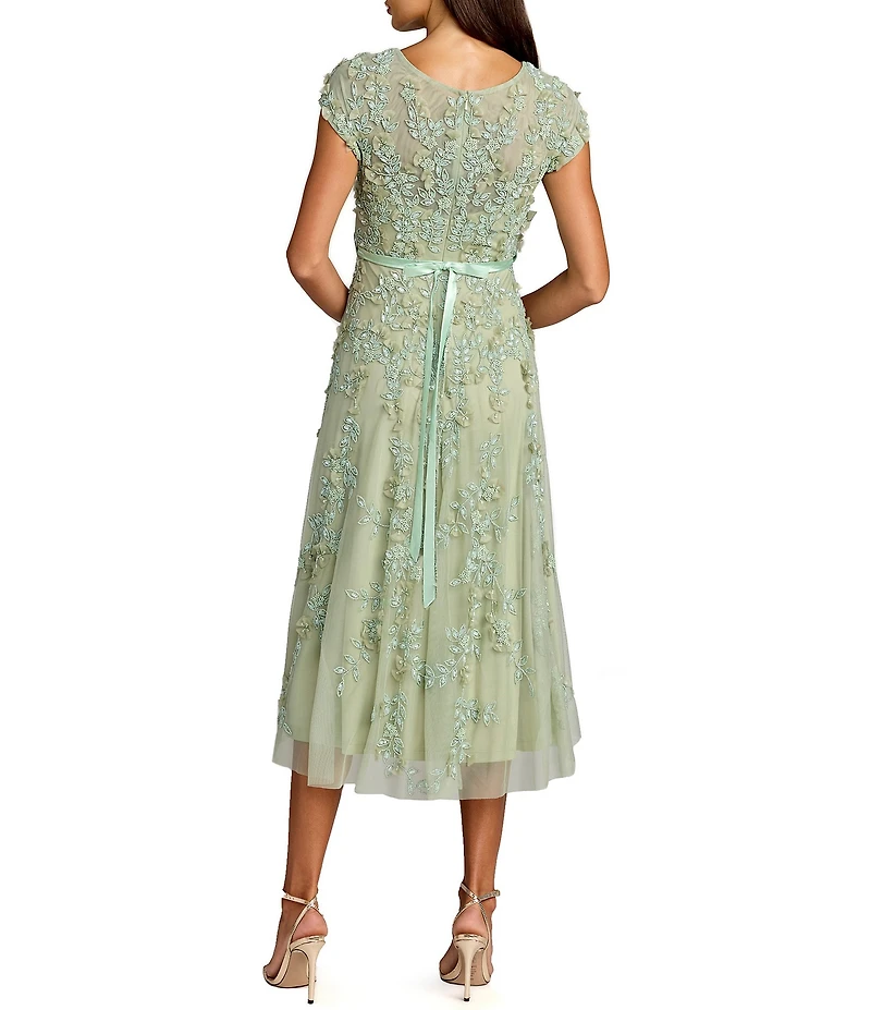 Mac Duggal Embellished Beaded Mesh Cap Sleeve A-Line Midi Dress