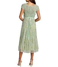 Mac Duggal Embellished Beaded Mesh Cap Sleeve A-Line Midi Dress