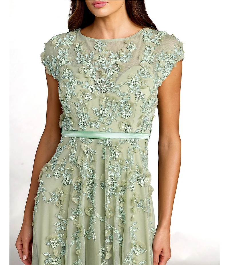 Mac Duggal Embellished Beaded Mesh Cap Sleeve A-Line Midi Dress