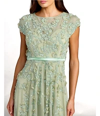 Mac Duggal Embellished Beaded Mesh Cap Sleeve A-Line Midi Dress