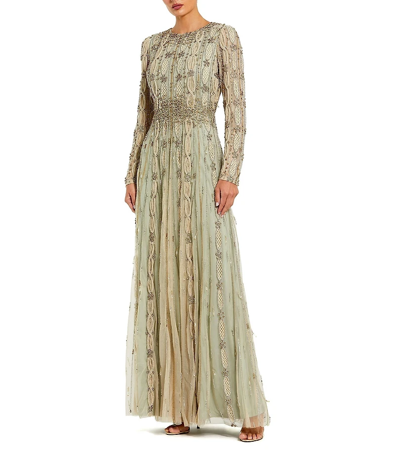 Mac Duggal Embellished Beaded Mesh Long Sleeve Gown