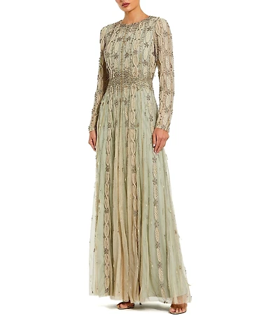 Mac Duggal Embellished Beaded Mesh Long Sleeve Gown