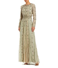 Mac Duggal Embellished Beaded Mesh Long Sleeve Gown