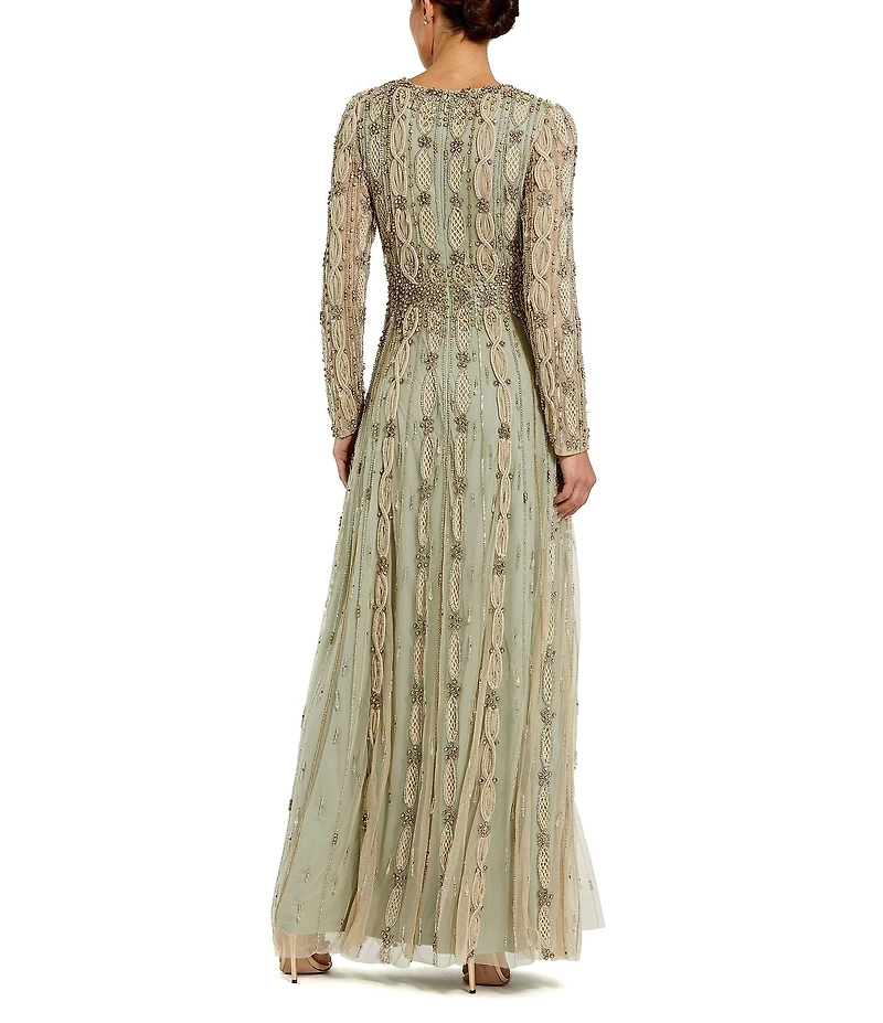 Mac Duggal Embellished Beaded Mesh Long Sleeve Gown
