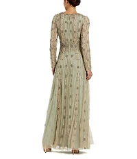 Mac Duggal Embellished Beaded Mesh Long Sleeve Gown