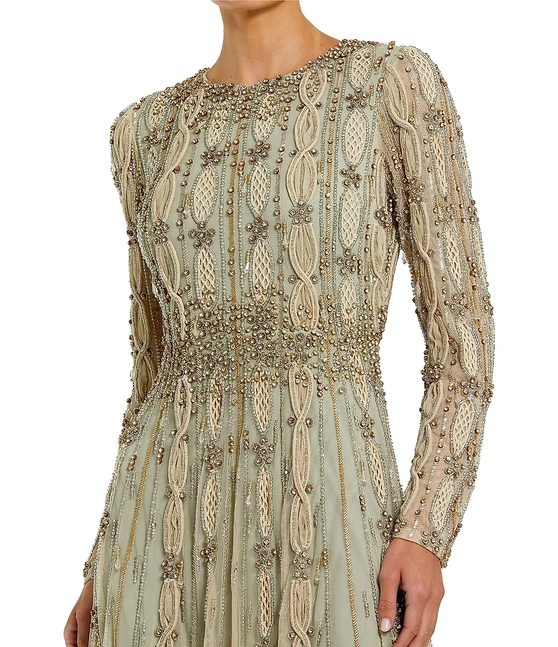 Mac Duggal Embellished Beaded Mesh Long Sleeve Gown
